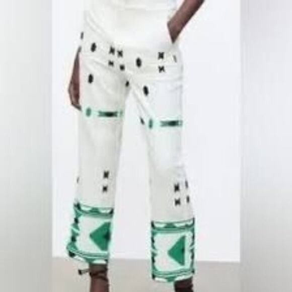 Zara Pants Womens High Rise X-Small Embroidered White Green Linen Blend - Picture 1 of 13